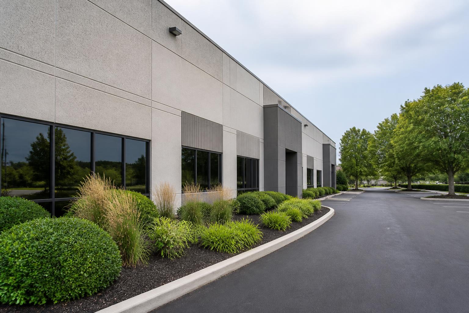Well-maintained commercial property exterior with tidy landscaping and clean building lines.