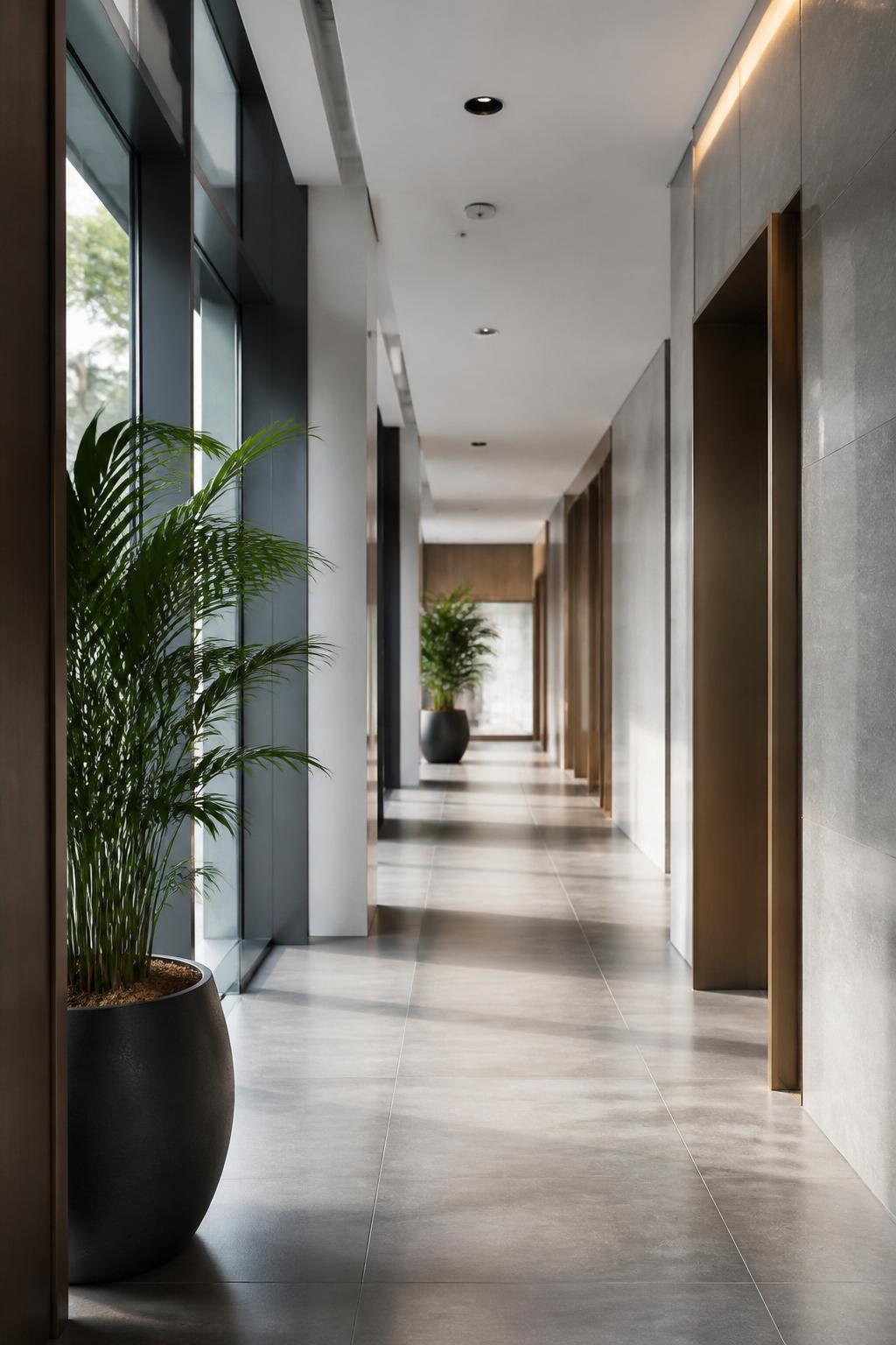 Freshly maintained lobby corridor with polished surfaces and clean modern finishes.